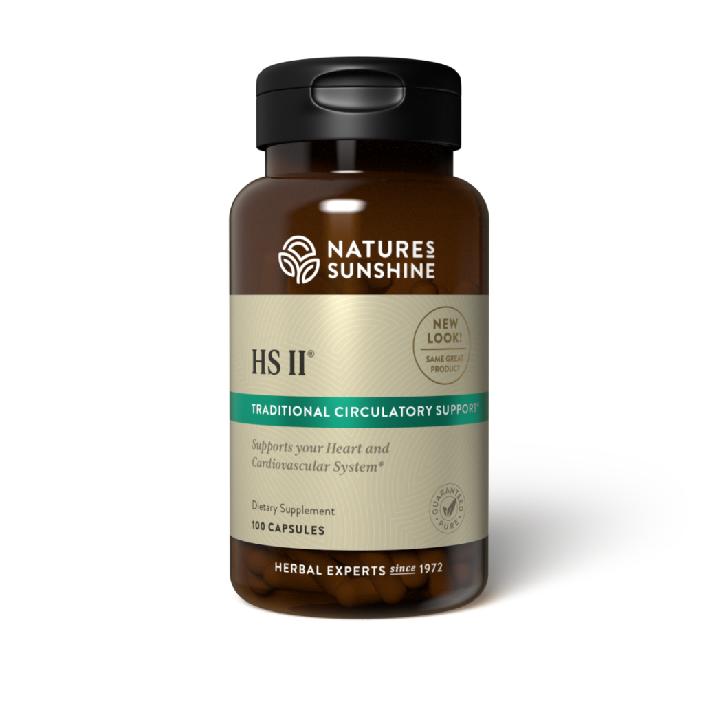 HS II heart and circulatory support supplement with hawthorn, garlic, and capsicum for natural cardiovascular health.