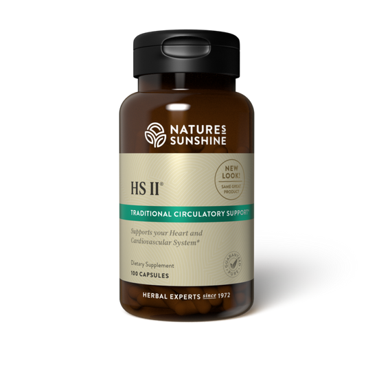 HS II heart and circulatory support supplement with hawthorn, garlic, and capsicum for natural cardiovascular health.