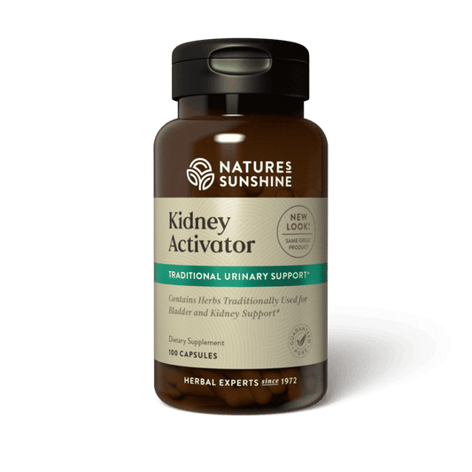 Bottle of Kidney Activator herbal supplement for kidney and urinary tract cleanse with parsley and uva ursi for fluid balance support.
