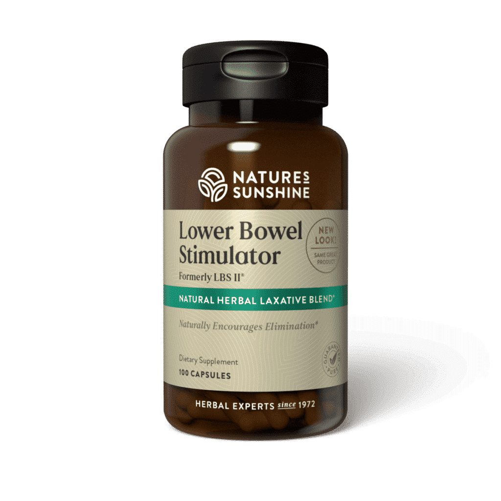 Bottle of LBS II from Nature’s Sunshine for natural bowel cleanse and digestive support with cascara sagrada and herbal ingredients.