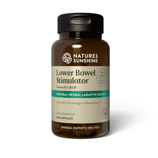 Bottle of LBS II from Nature’s Sunshine for natural bowel cleanse and digestive support with cascara sagrada and herbal ingredients.