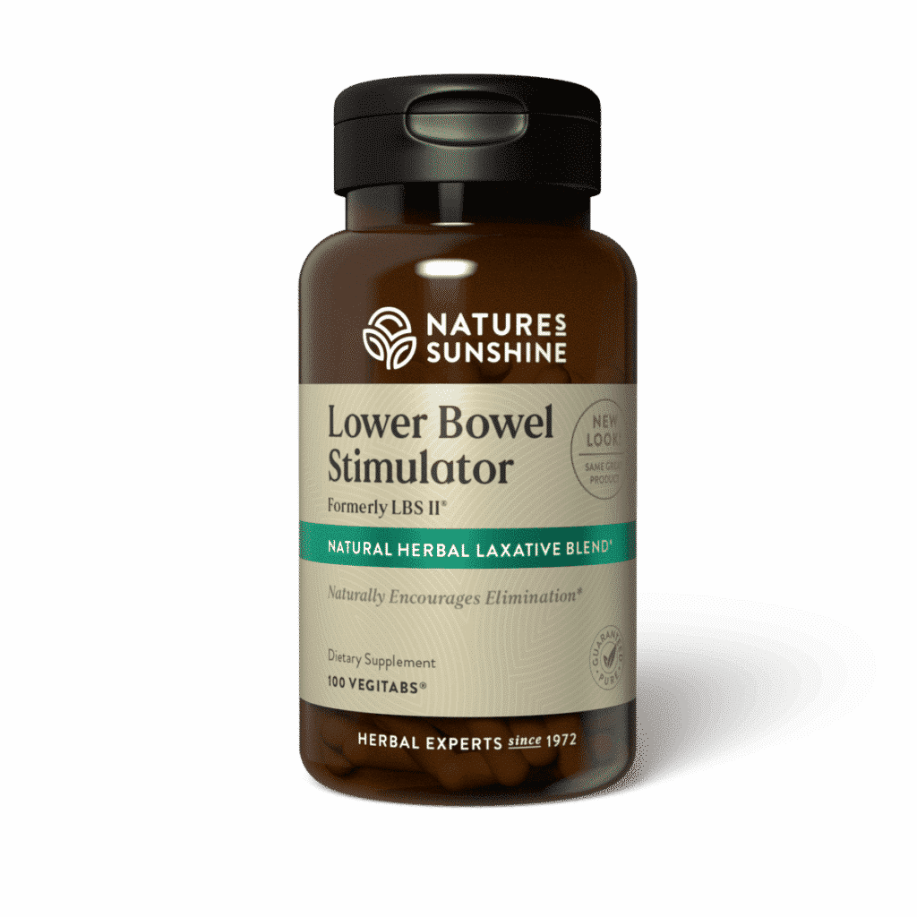 Nature’s Sunshine Lower Bowel Stimulator bottle for gentle herbal lower bowel cleanse and digestive support.