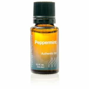 Peppermint Essential Oil bottle with fresh peppermint leaves, highlighting natural relief for tension, digestion, and energy support.