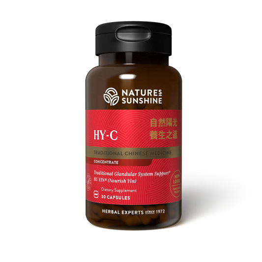 HY-C TCM Concentrate Supplement bottle with Chinese herbs, symbolizing yin support, blood sugar balance, and glandular function.