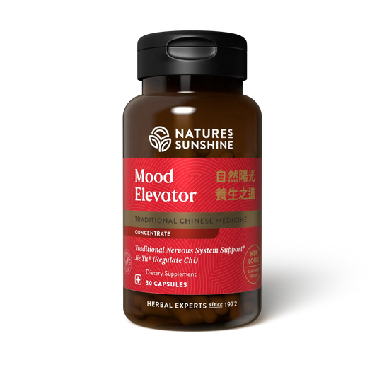 Mood Elevator TCM Concentrate bottle with Chinese herbs, symbolizing natural emotional balance, stress relief, and nervous system support.