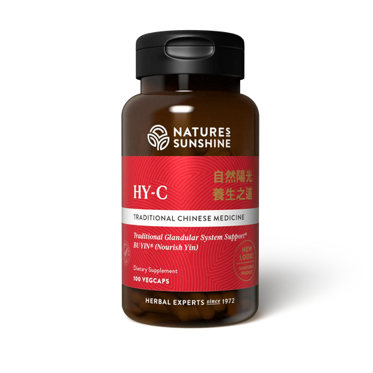 HY‑C Chinese Herbal Supplement bottle with traditional Chinese herbs, highlighting glandular and blood sugar support for balanced vitality.