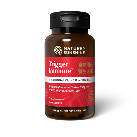 Trigger Immune Chinese Herbal Supplement bottle with traditional herbs, highlighting immune activation and respiratory support.
