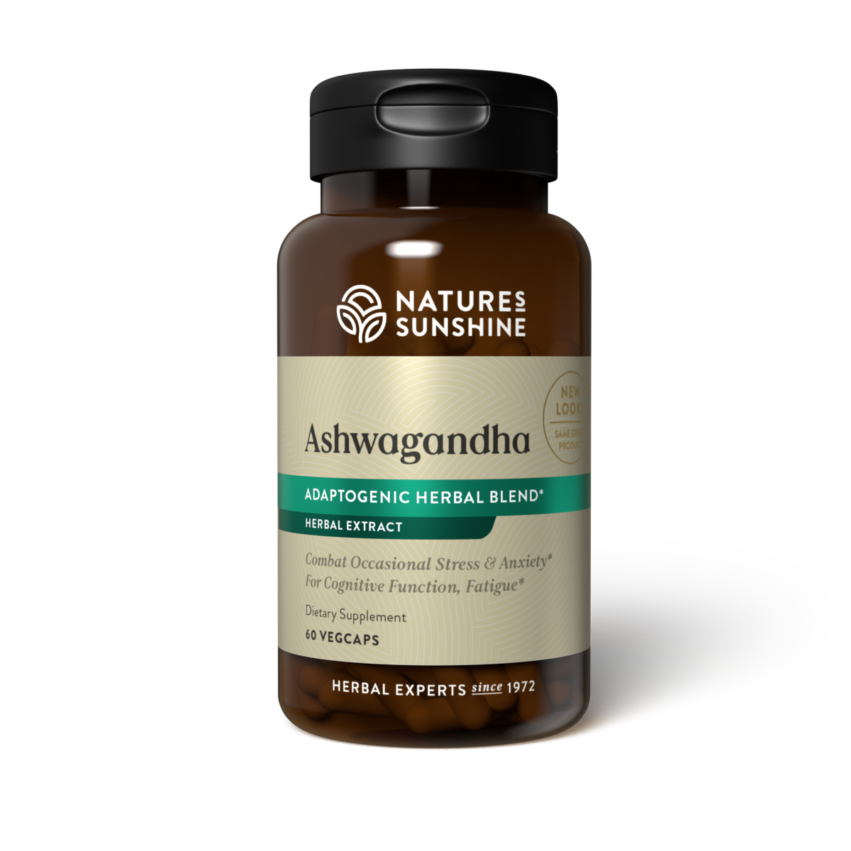 Ashwagandha supplement bottle by Nature's Sunshine for stress and anxiety relief