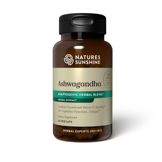 Ashwagandha supplement bottle by Nature's Sunshine for stress and anxiety relief