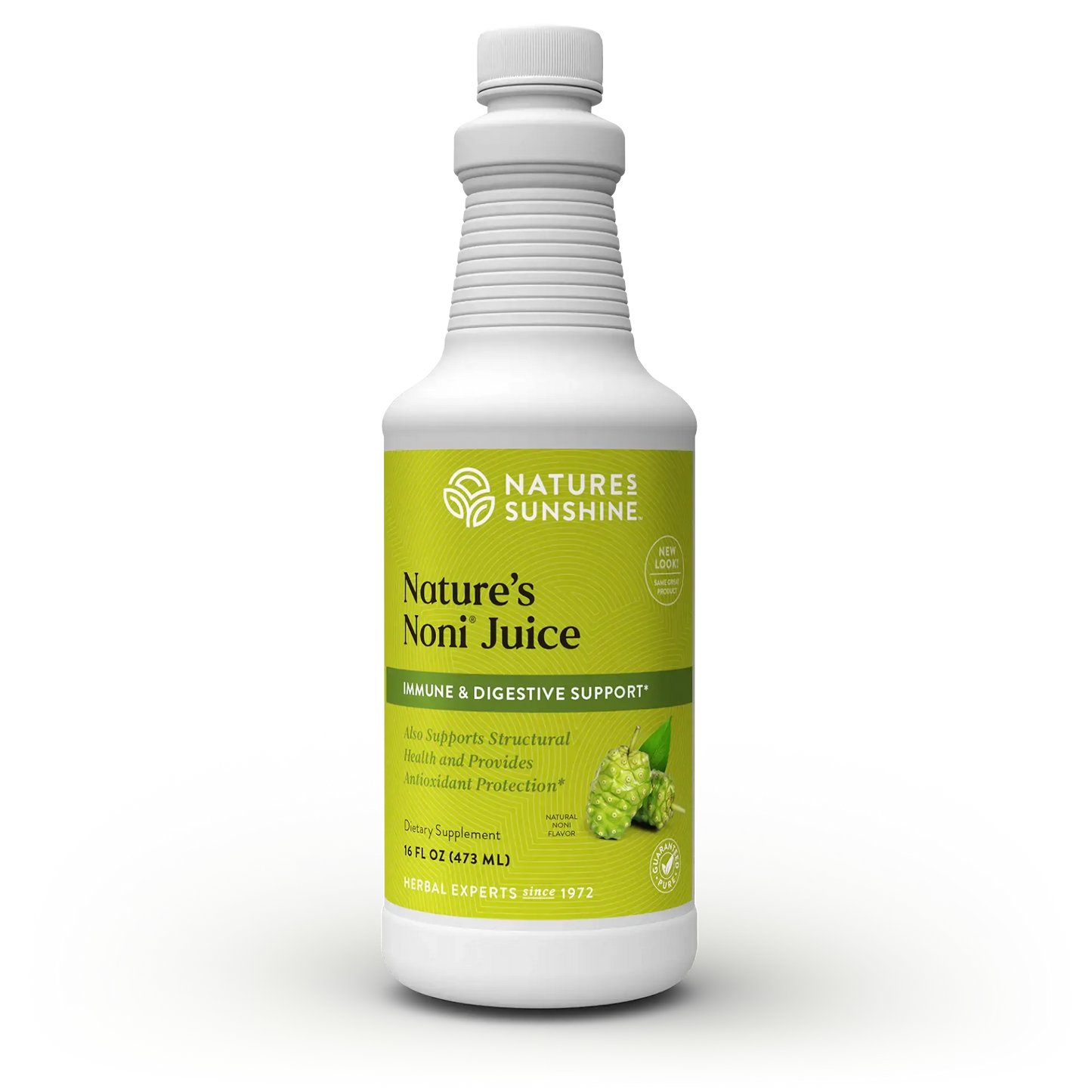 Nature’s Noni Juice bottle with noni fruit, representing immune system support, antioxidant protection, and natural vitality from whole fruit.
