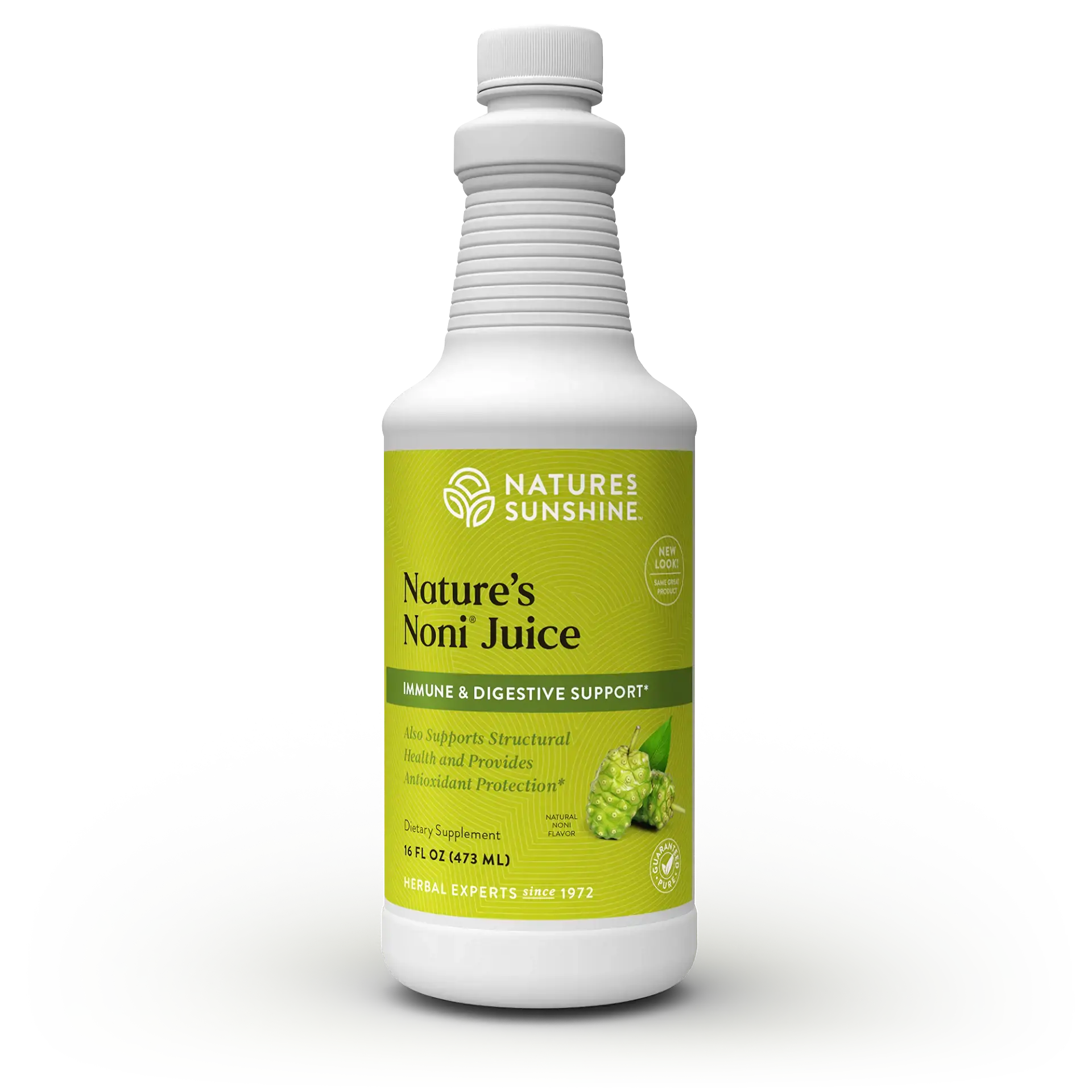 Nature’s Noni Juice bottle with noni fruit, representing immune system support, antioxidant protection, and natural vitality from whole fruit.