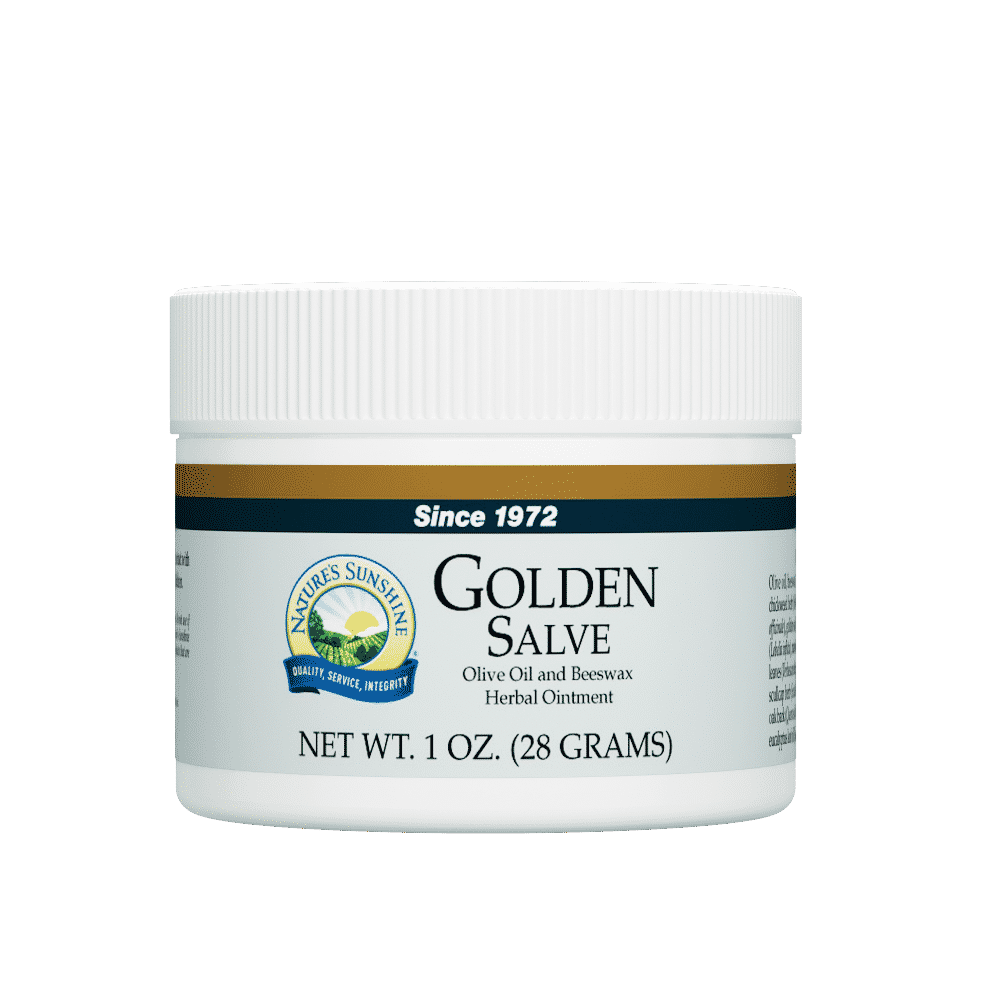 Golden Salve Natural Skin Ointment jar with herbs and beeswax, showcasing soothing herbal protection for dry, irritated skin.