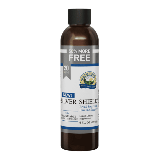 Nature’s Sunshine Silver Shield with Aqua Sol colloidal silver supplement bottle