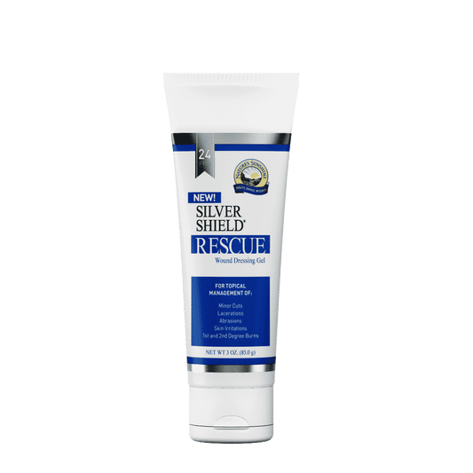 Silver Shield Rescue Gel tube with silver molecules and clean skin imagery, highlighting soothing 24 PPM skin protection and recovery benefits.